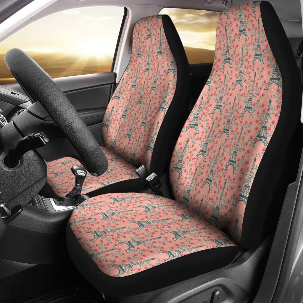 Eiffel Tower Flower Background Pattern Print Design 03 Universal Fit Car Seat Covers