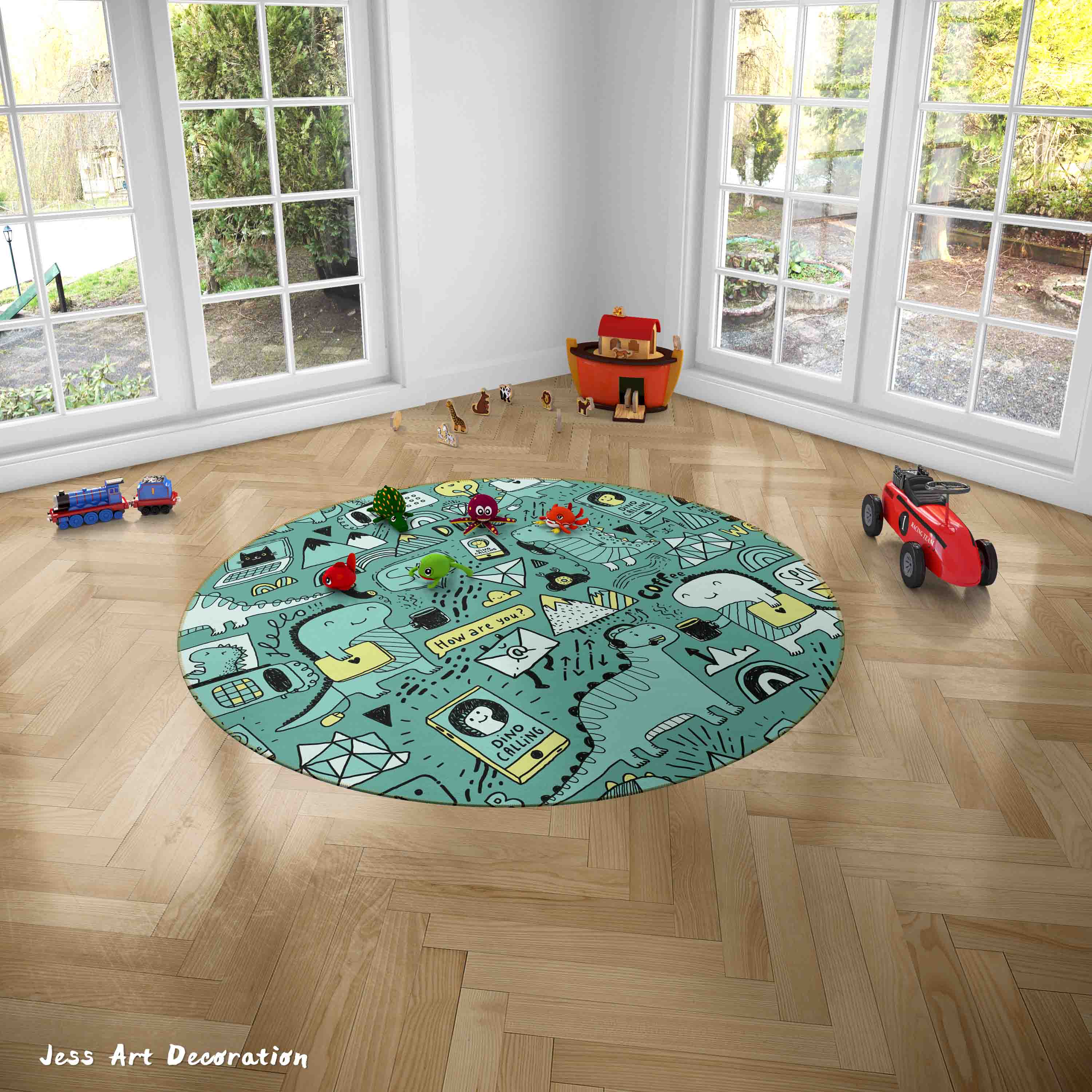 3D Cartoon Animal Dinosaur Green Kids Non-Slip Round Rug Mat 144