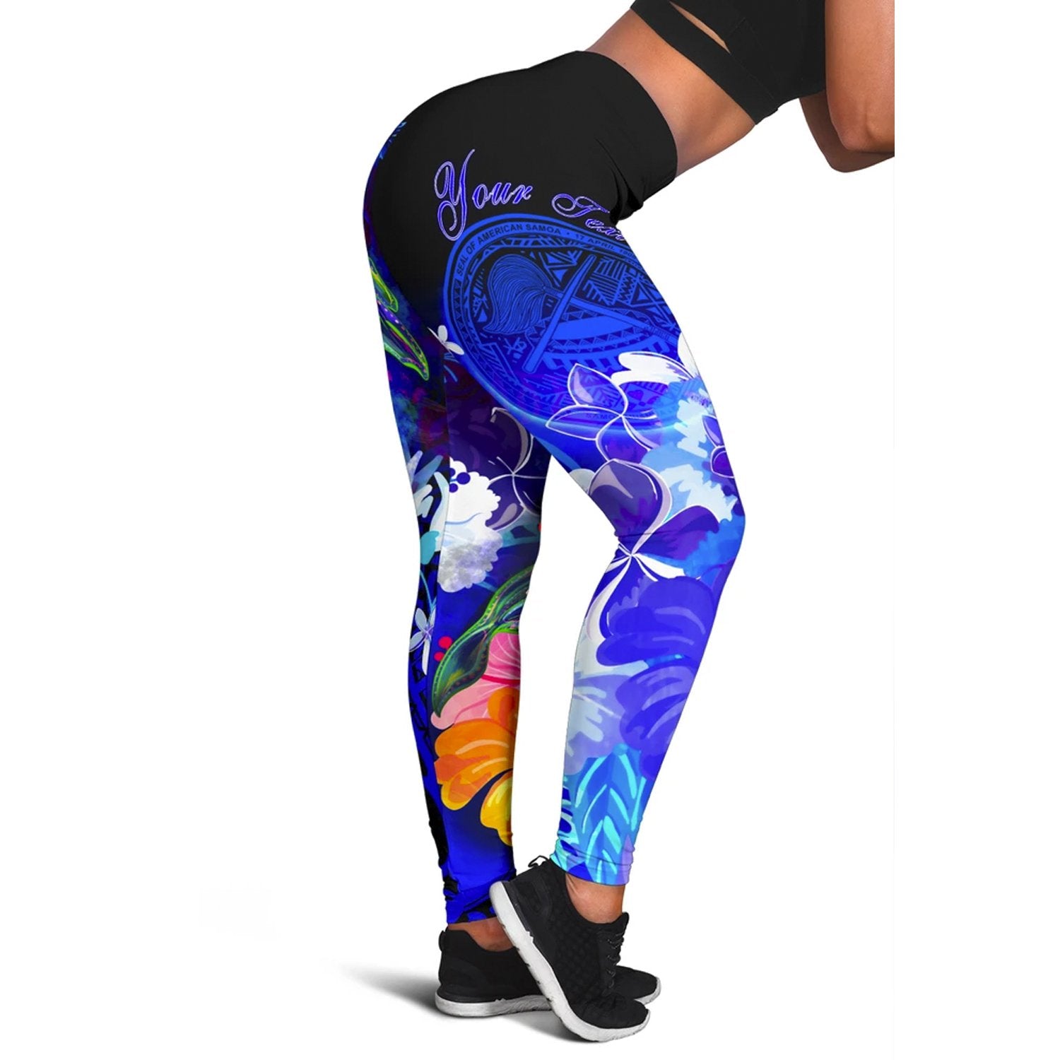 American Samoa Polynesian Custom Personalised  Leggings – Humpback Whale With Tropical Flowers (Blue)