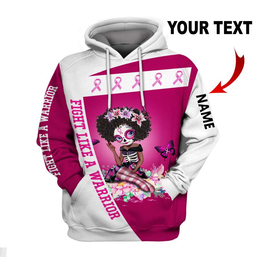 Personalized Fight Like A Warrior Breast Cancer Awareness Sugar Skull Black And Butterfly Girl Hoodie