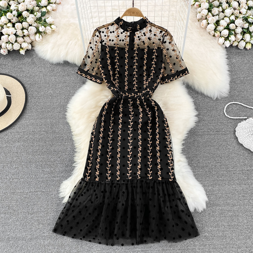 Women’s Elegant Vintage Short Sleeve Casual Party Lace High Street Trumpet Mermaid Zipper Girl Holiday Sexy Lady Robe Dresses alx