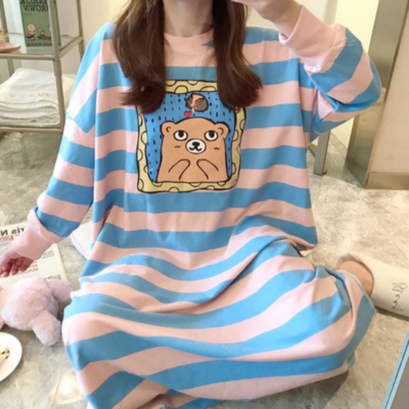 2022 Women Sleepwear Summer Plus Size Clothing Night Dress Cute Long Sleeve Loose Striped Embroidery Cartoon Sleepshirts Pajamas alx