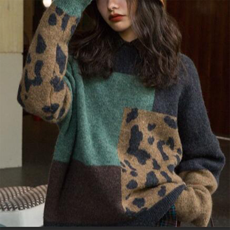 Autumn Winter Street Style Vintage Leopard Patchwork Sweater Women Round Neck Loose Casual Jumpers All-match Knitting Pullover alx