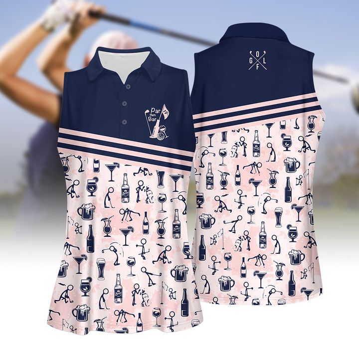 Par Then Bar Stick Figure Women Golf Apparel, Women Short Sleeve Polo Shirt, Sleeveless Polo Shirt