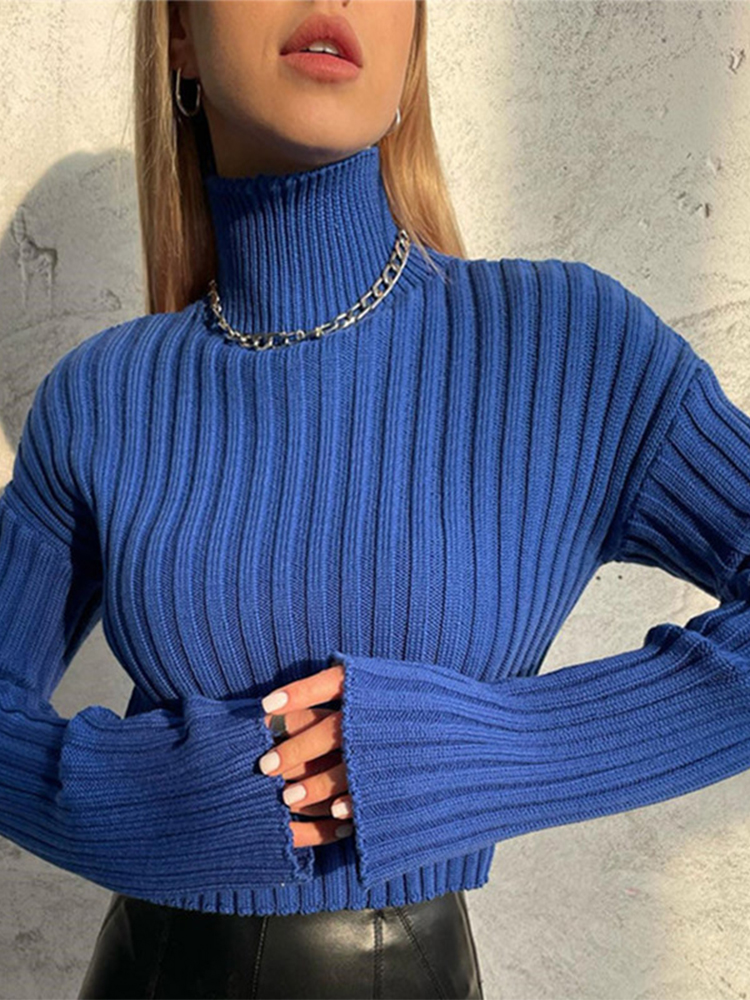 Turtleneck Knitted Crop Top Pullover Women Casual Solid Long Sleeve Slim Sweaters 2022 Autumn Warm Female Sweater alx