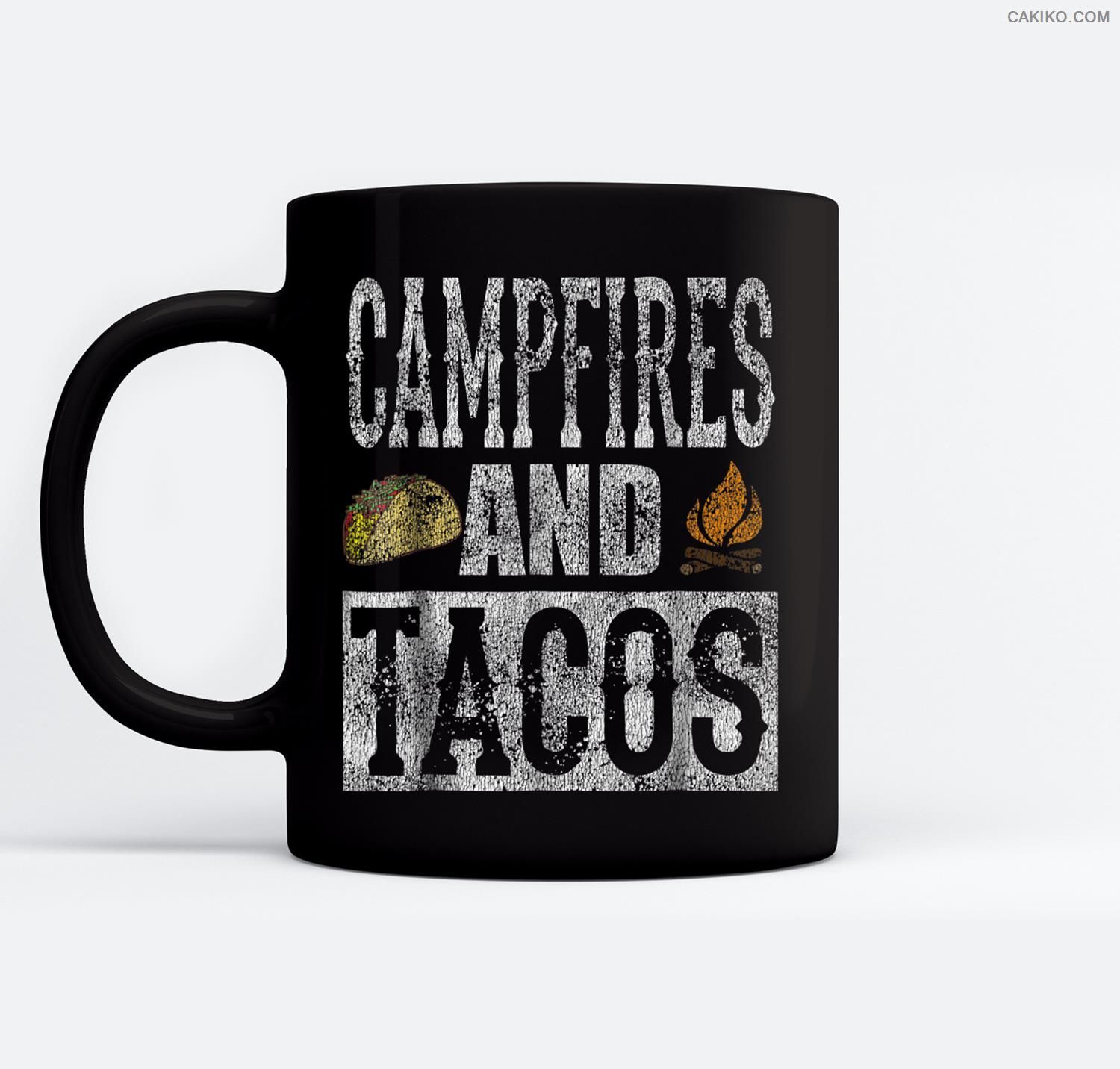 Campfires And Tacos Funny Taco Camping Distressed Ceramic Coffee Black Mugs