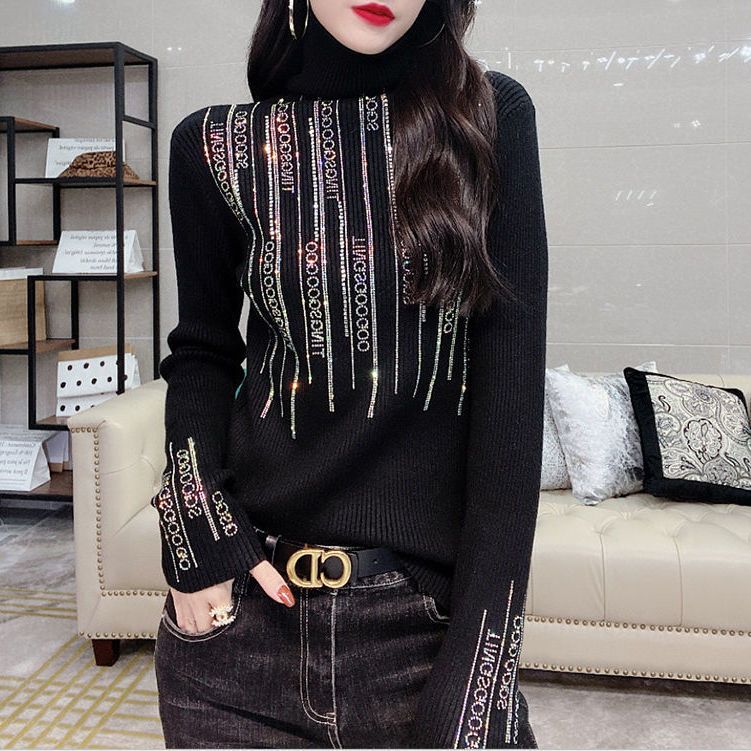 Autumn Winter New Fashion Turtleneck Slim Thick Sweaters Women’s Clothing Letter Diamonds Spliced Long Sleeve Knitted Jumpers alx