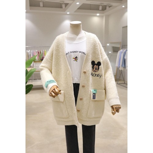 Blended Cartoon Embroidery Mid-Length Sweater Jacket Ladies Autumn and Winter Loose Thickening Keep Warm Sweater Coat for Women alx