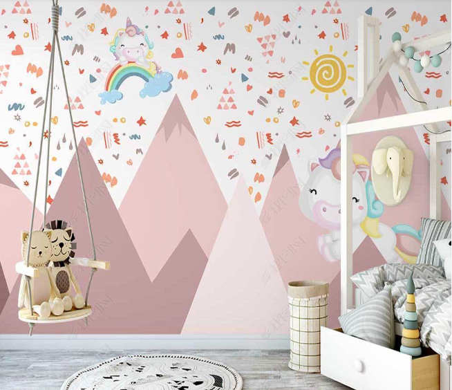 3D Cartoon Mountain Rainbow Unicorn Wall Mural Wallpaper Lqh 8