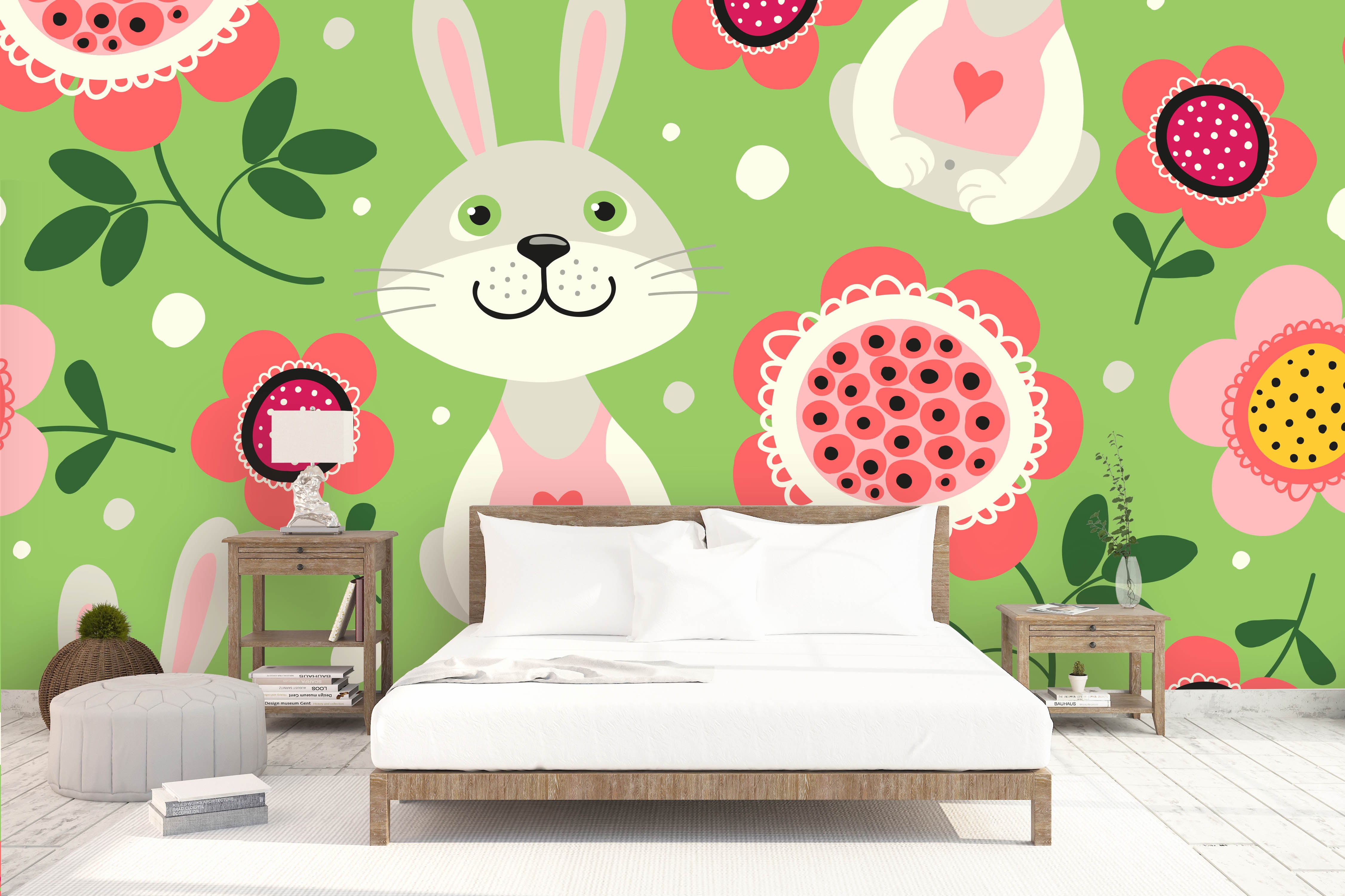 3D Cartoon Rabbit Pink Floral Wall Mural Wallpaper 49