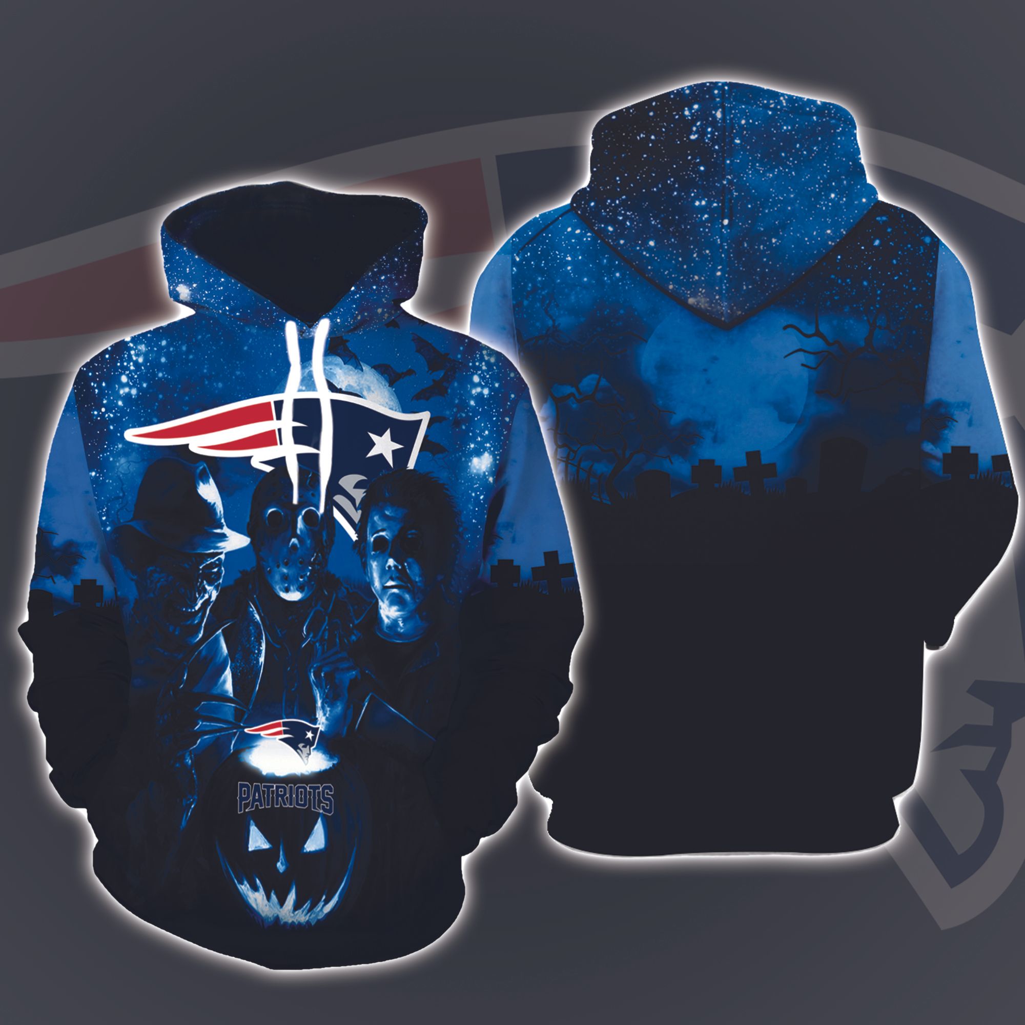 New England Patriots Halloween and Michael Myers, Jason Voorhees, Freddy Krueger 3D Printed Hoodie