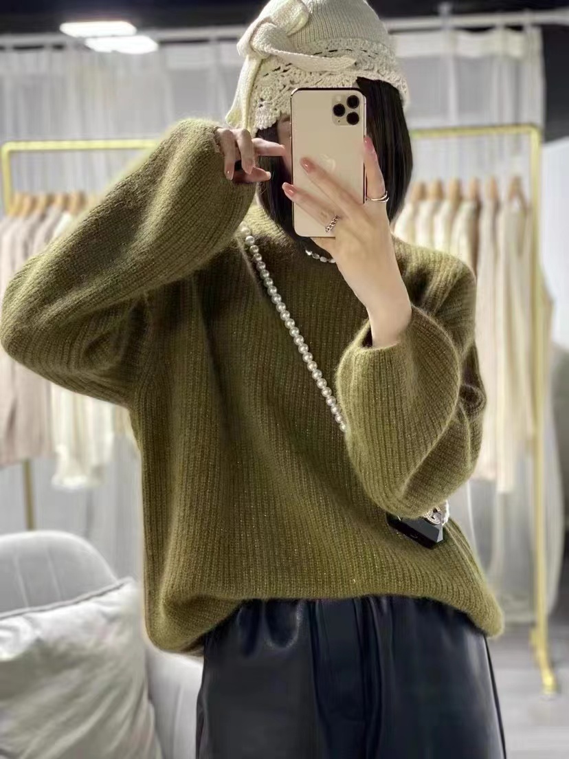 Cashmere Sweater Women O-Neck Bright dotsSweater Pure Color Knitted Pullover Loose Lantern sleeve Cashmere Sweater Women alx