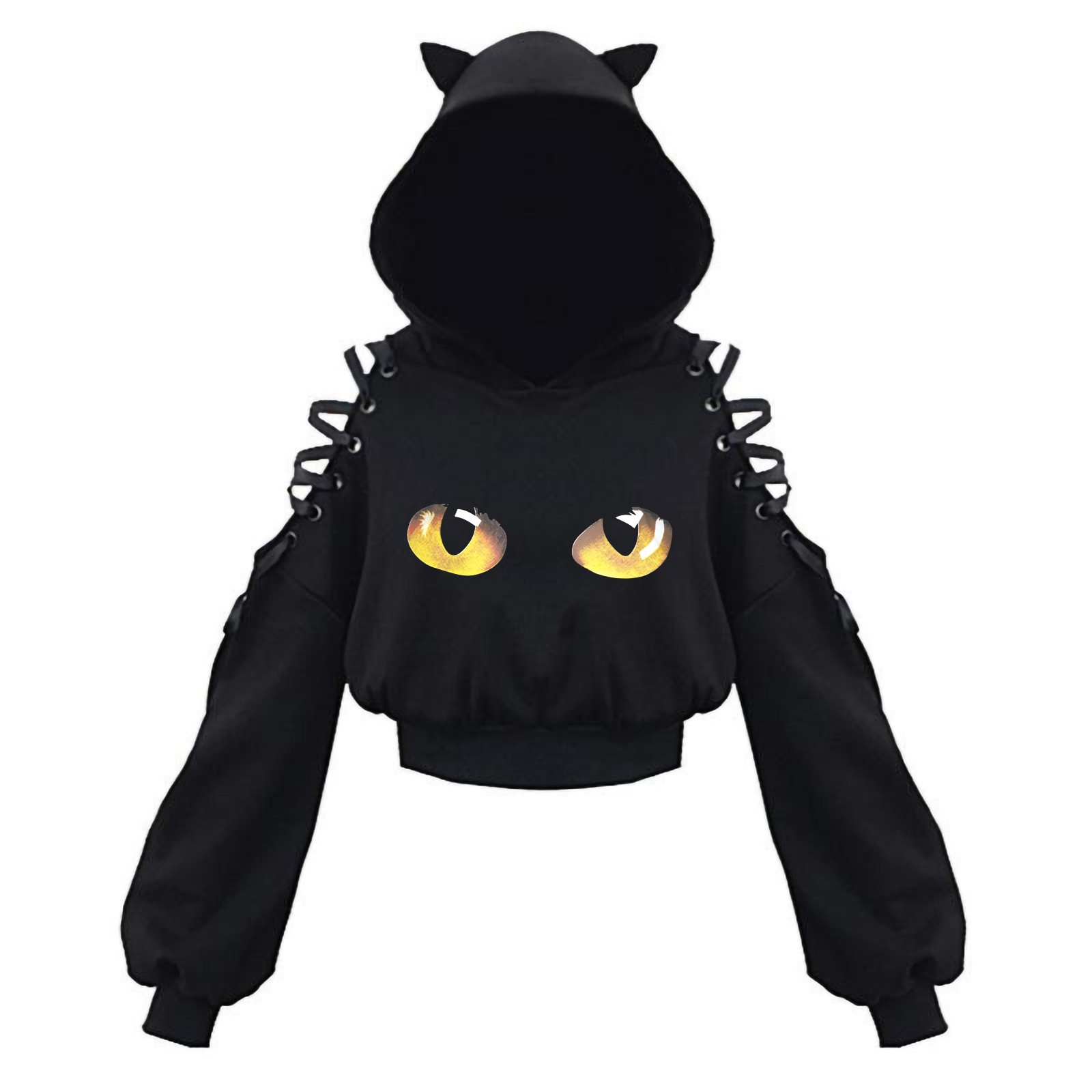 Autumn Winter Gothic Sweatshirt 2022 Streetwear New Casual Punk Harajuku Cold Shouler Bandage Kawaii Cat Ears Black Hoodies alx