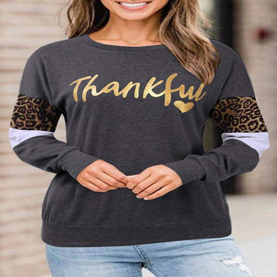 Thankful Leopard Splicing Print Round Neck Long Sleeve T-Shirts