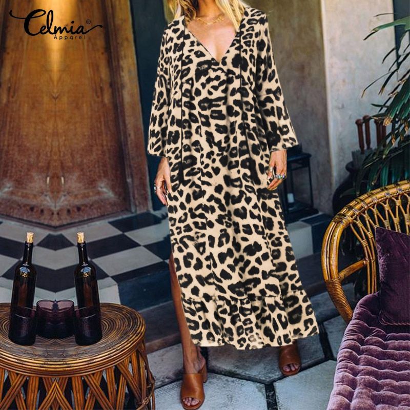 V neck Long Sleeve Casual  Long Leopard Dress