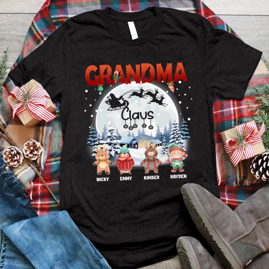 Personalized Grandma Claus T Shirt, Choose Kid Christmas Grandma Claus Shirt Custom Title Mimi Grandma Nana, Reindeer Grandma Shirt For Xmas