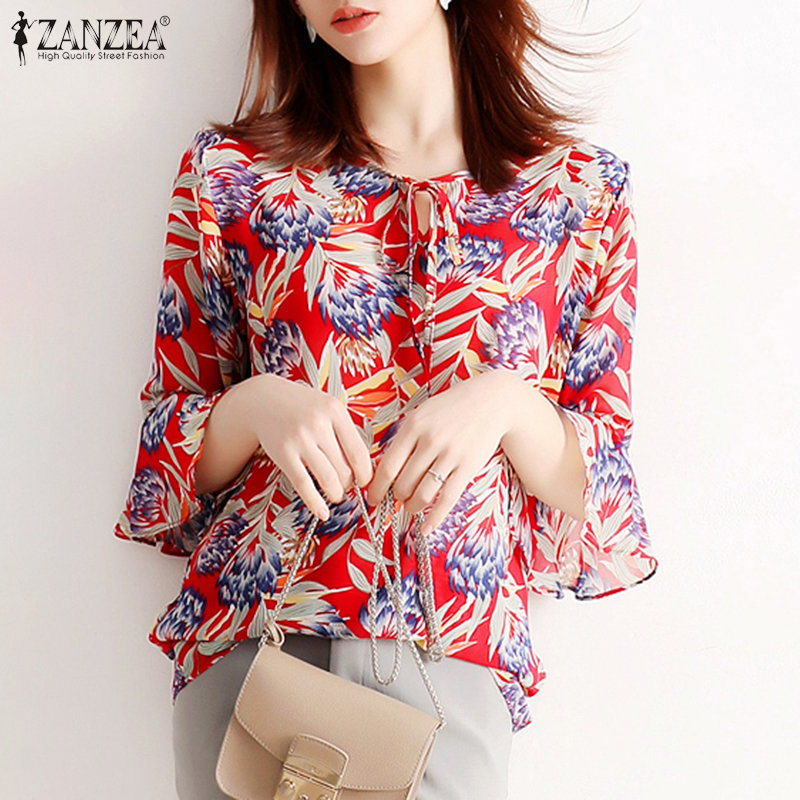 Women Chiffon Blouse ZANZEA 2022 Summer Lace Up Print Tunic Casual Middle Floral Sleeve O-neck Top Lady Blusa Femme 7 alx