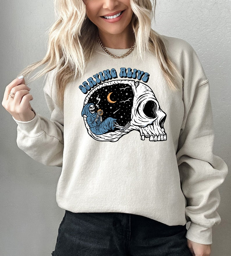 Funny Skeleton Sweatshirt, Retro Skull Halloween Sweatshirt, Scream Halloween Crewneck Sweatshirt All Over Print Sweatshirt For Women Sweatshirt For Men