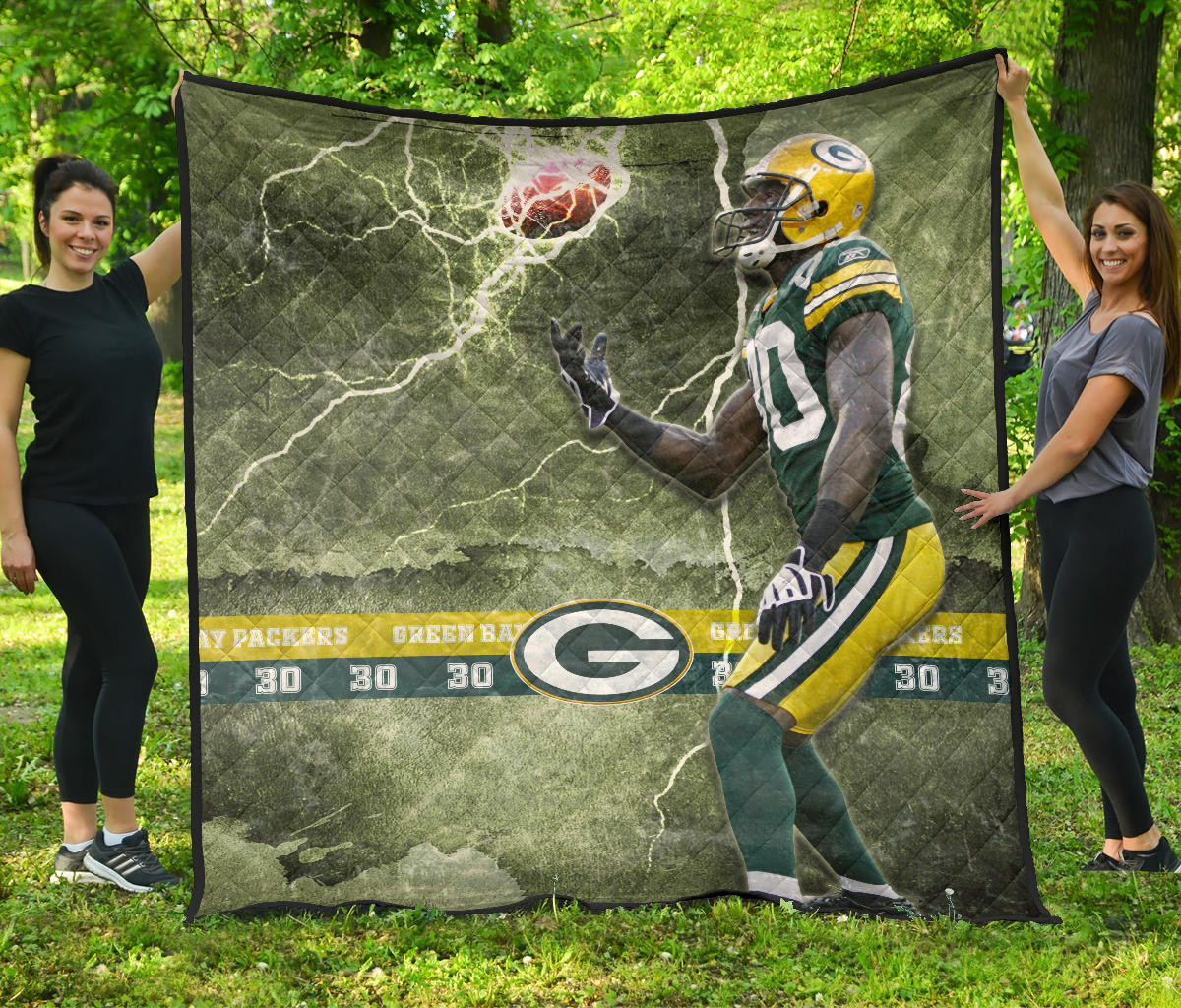 Green Bay American Football Packers Ahman Green 30 Lightning Rugby Ball Premium Quilt Blanket