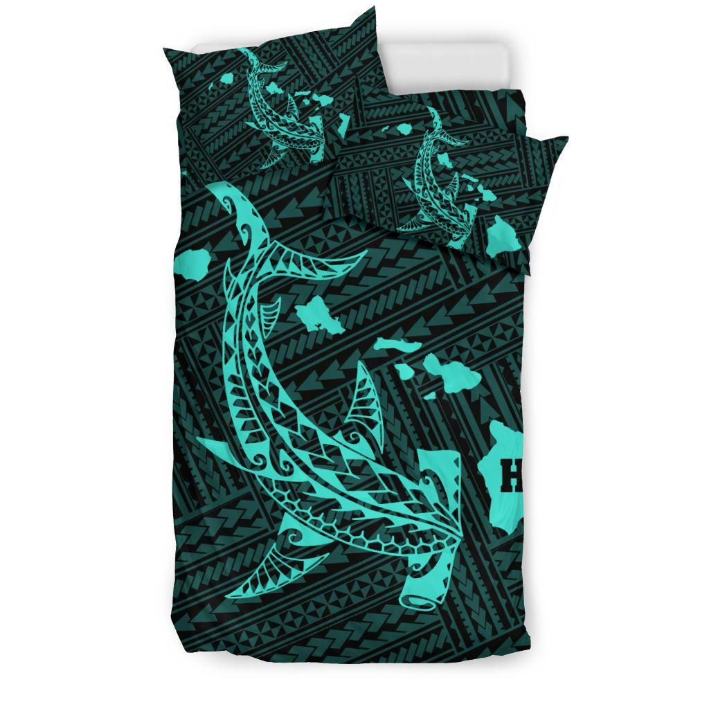 Alohawaii Bedding Set – Cover And Pillow Cases Hawaiian Map Hamerhead Shark Polynesian Turquoise – Ah J4