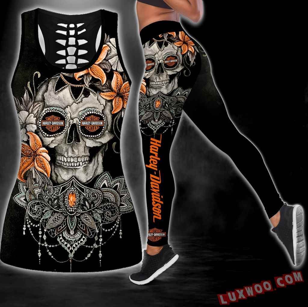 Combo Harley Davidson Skull Flower Hollow Tanktop Legging Set Outfit S1081