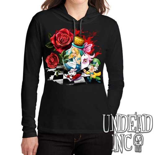 Alice In Wonderland Down The Rabbit Hole Ladies Long Sleeve Hooded Shirt