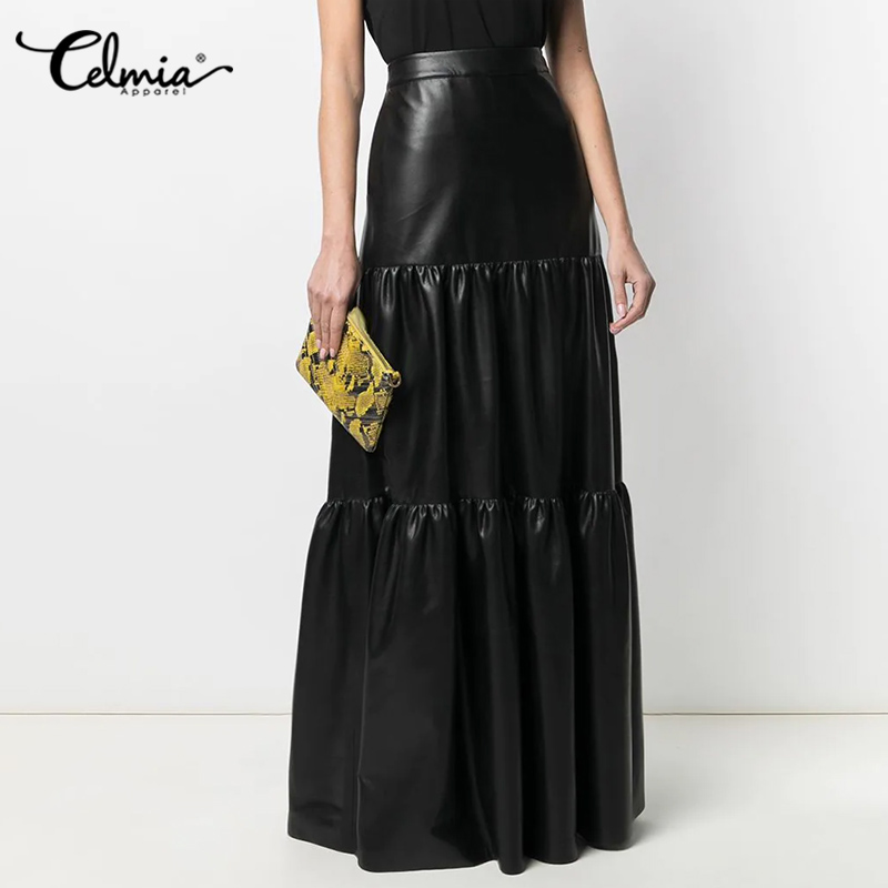 Women Leather Maxi Skirts Celmia 2022 Autumn PU Fashion Party Solid Office Ladies Skirt Casual Cake High Waist Elegant Bottoms alx