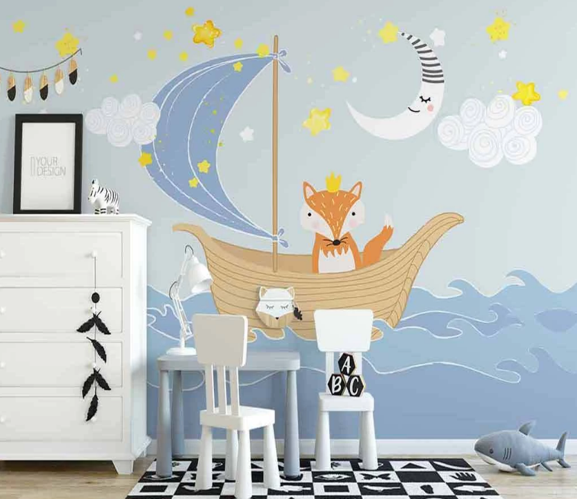 3D Cartoon Star Moon Sky Sailboat Fox Animal Wall Mural Wallpaper Lxl