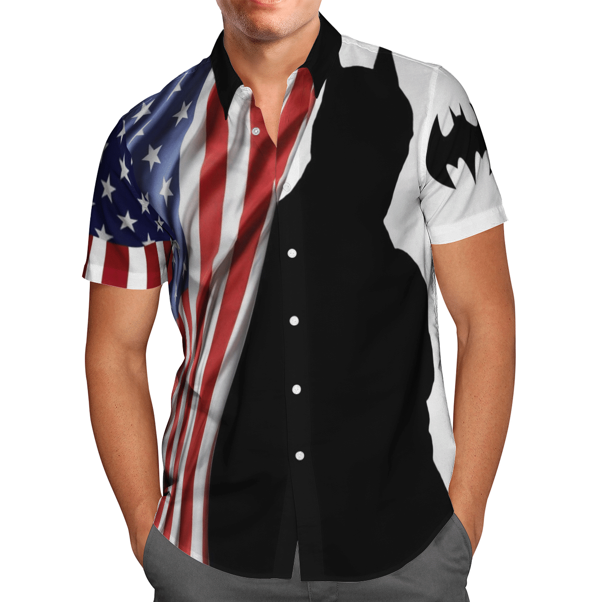 Us Flag And Batman Shadow For Man And Woman Print Short Sleeve Casual Shirt Y97