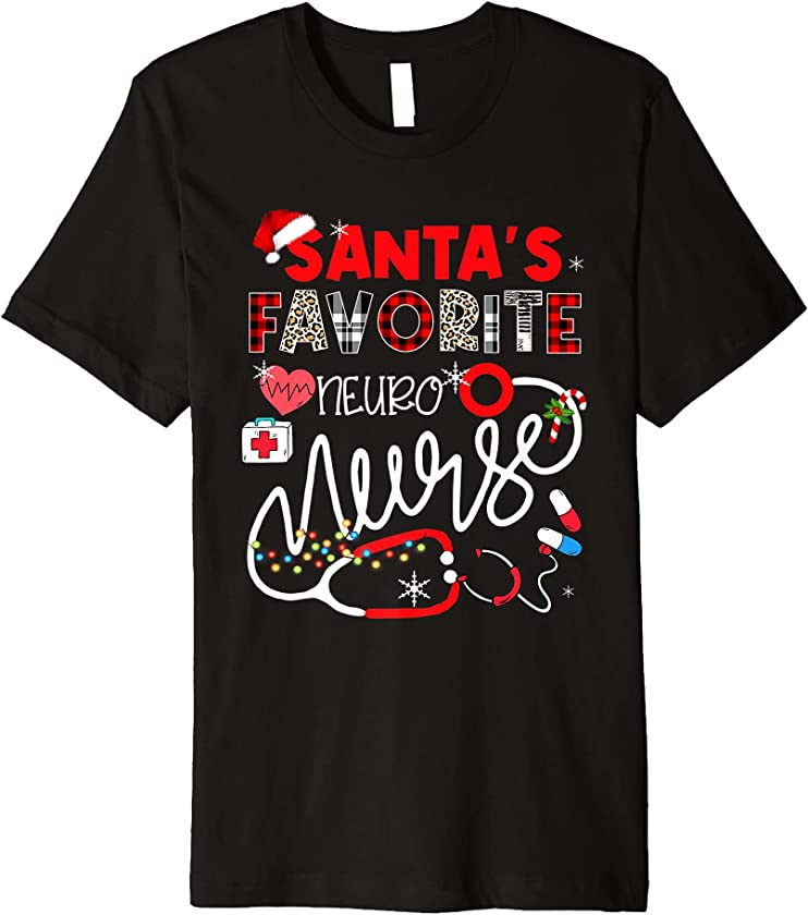 Santa’s Favorite NEURO Nurse Xmas Lights Leopard Plaid Premium T-Shirt