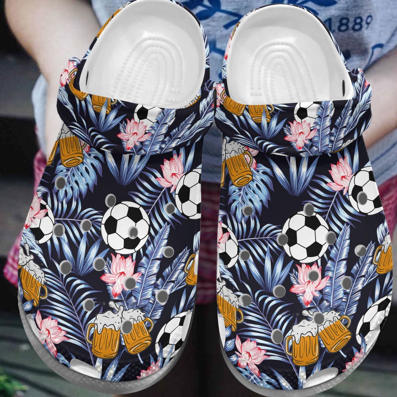 Soccer Personalized Clog, Custom Name, Text, Color, Number Fashion Style For Women, Men, Kid, Print 3D Soccer Beer Tropical Pattern