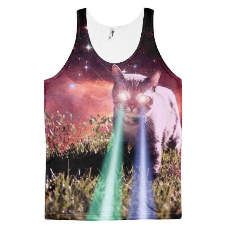 Beam Cat Laser Beams Kittens Cats In Space Funny Animal Lazer Kitten Dye Sublimation All Over Print 3D Full Print Cotton Polyester Unisex Novelty White Red Green & Blue Tank Top