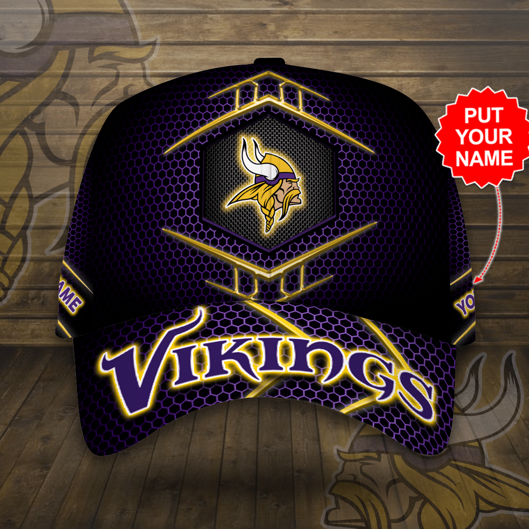 Personalized Minnesota Vikings Beehive Hexagon Pattern All Over Print 3D Baseball Cap – Black Purple