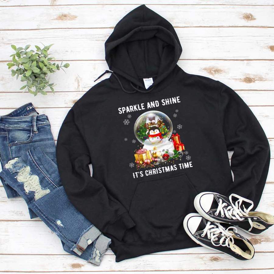 Penguins sparkle and shine it’s christmas merry chrismas xmas gift snow winter black hoodie for men and women S-5XL