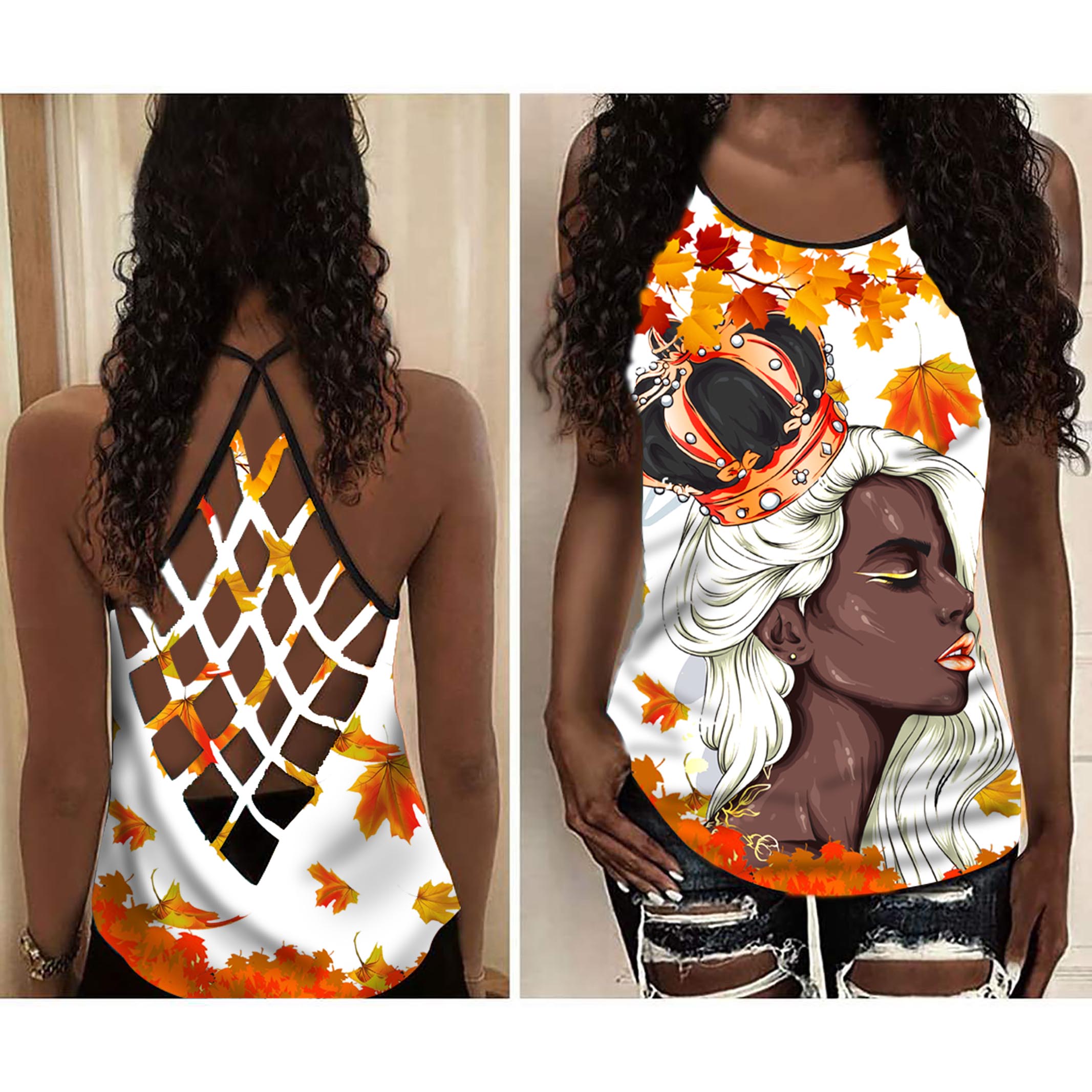 Black Queen With White Hair Tank Top Shirt Women – Autumn Cross Open Back Camisole Tank