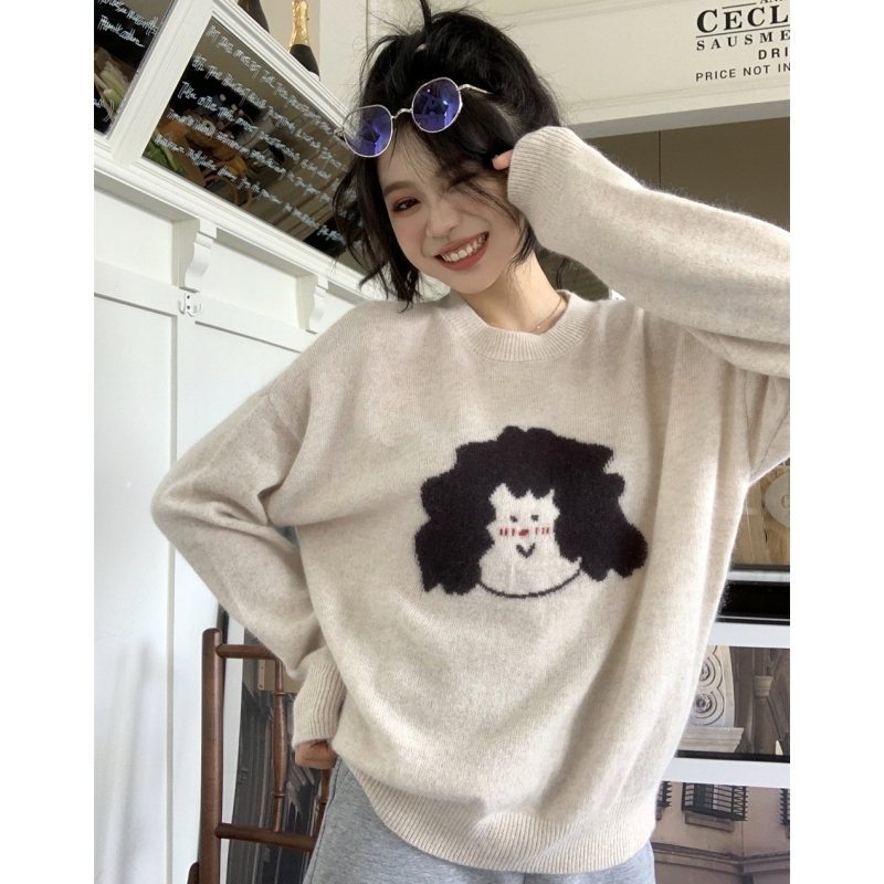 Women Apricot Sweater Cartoon Fashion Vintage Leisure Lazy Wind Winter Cashmere Thicken Warm Long Sleeve Knitting Pullover alx