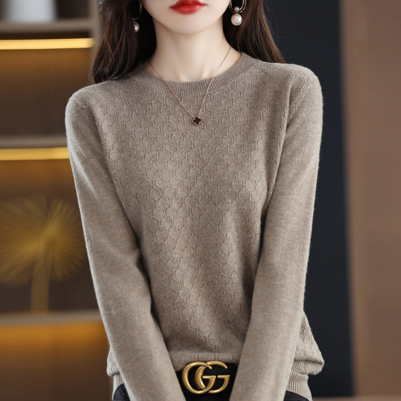 2022 Hollow Pure Wool Sweater Women’s Pullover Autumn Foreign Style Loose Round Neck All-Match Thin Knitted Bottoming Shirt Thin alx