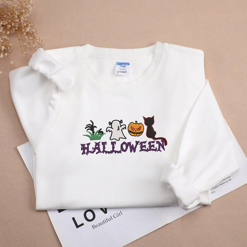 Halloween Ghost Pumpkin Black Cat Embroidered Sweatshirt Crewneck Sweatshirt All Over Print Sweatshirt For Women Sweatshirt For Men Sws2702