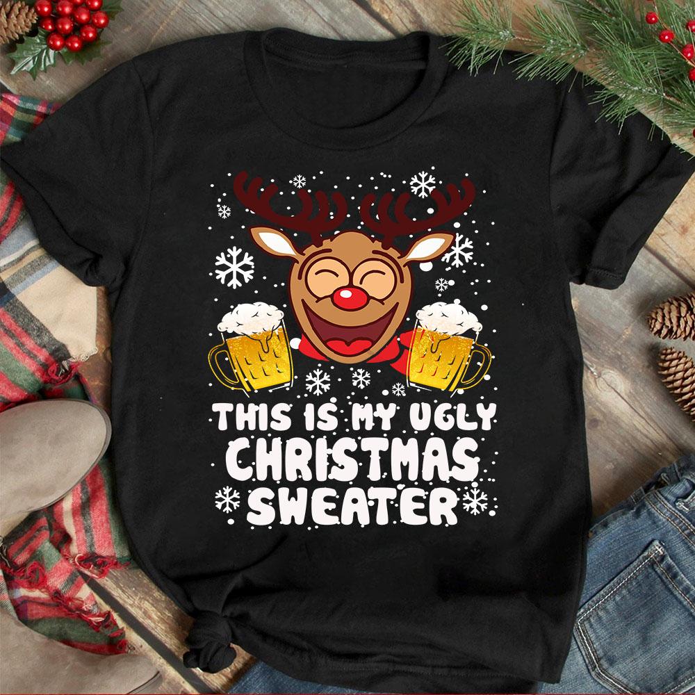 This Is My Ugly Christmas Sweater Beer Christmas Unisex T Shirt | Full Size | Adult | Black | H2065