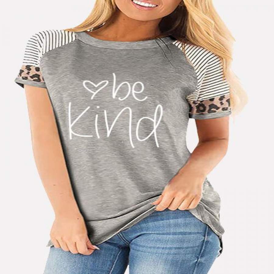 Be Kind Leopard Striped Splicing Print T-Shirts