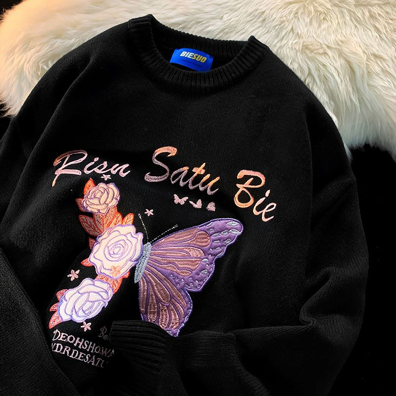 Spliced Butterfly Embroidery Y2K Goth Sweater Hip Hop Streetwear Loose O-neck Pullover Winter Aesthetic Clothes Korean Fashion alx