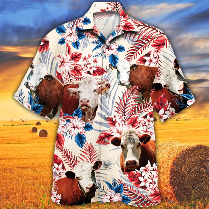 Hereford Cattle Lovers Texas Flag Hawaii Cow Flower Aloha Hawaii Shirt Women Ha65045