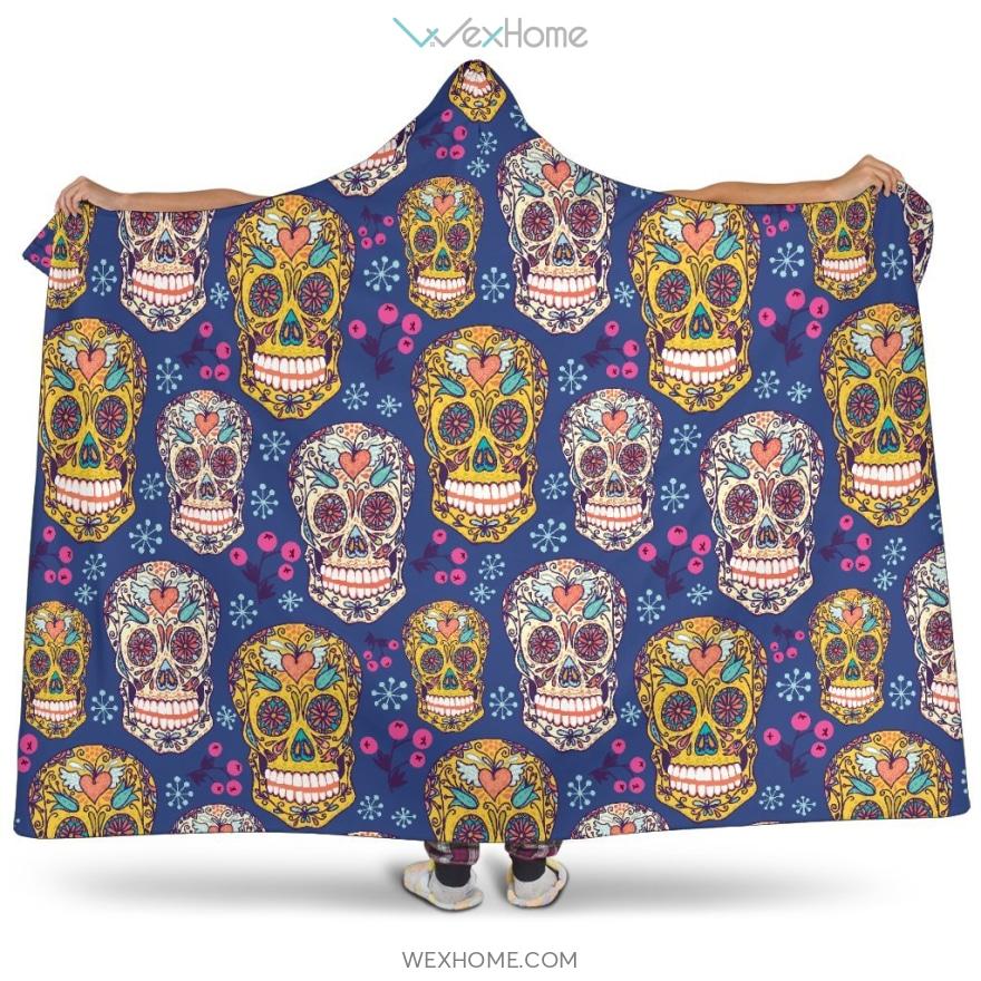 Sugar Skull Flower Pattern Hooded Blanket