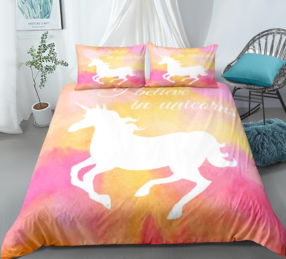 White Unicorn Colorful 3 Pieces Quilted Comforter Set