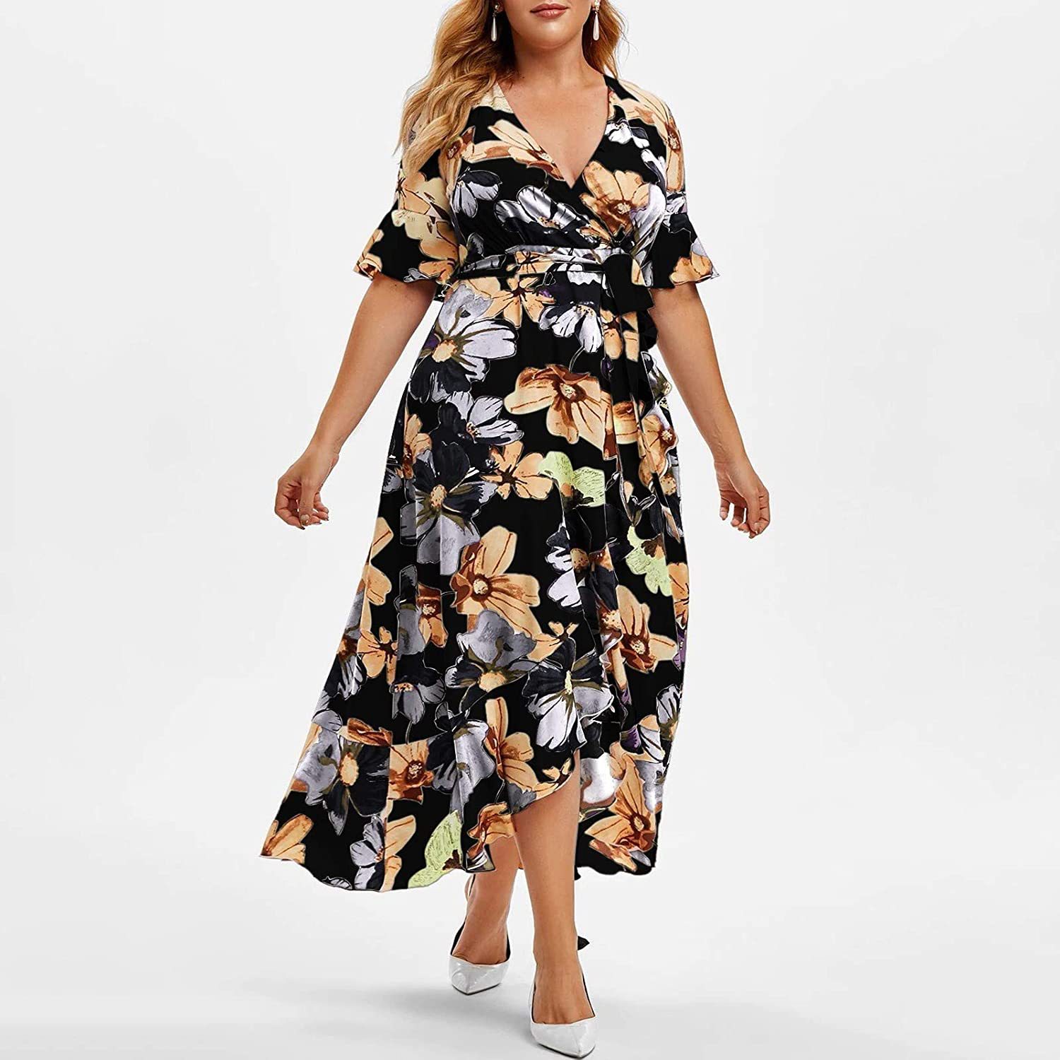 Summer Floral Printed Bohemian Holiday Style Large Size Women Dress V-neck Wide Loose Plus Size Casual Beach Long Skirt 5XL alx