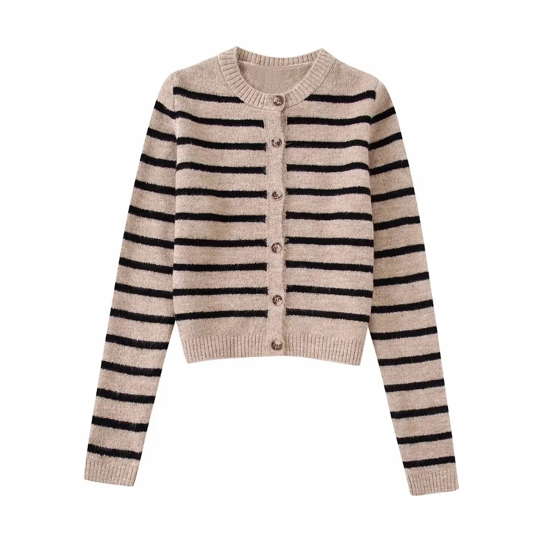 TRAF Women 2022 Autumn New Fashion Stripe Knitting Cardigan Sweater Single Breasted Long Sleeve Casual Cardigans Tops alx