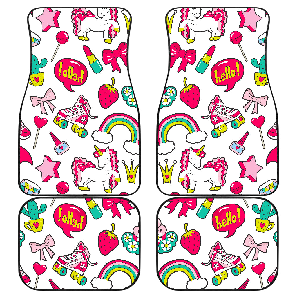 White Girly Unicorn Pattern Print Front And Back Car Floor Mats