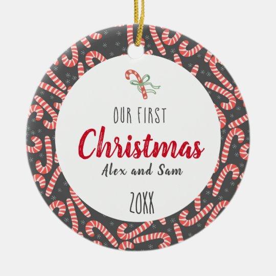 Personalized Ornament Our First Christmas Candy Cane Customized Circle Ornament