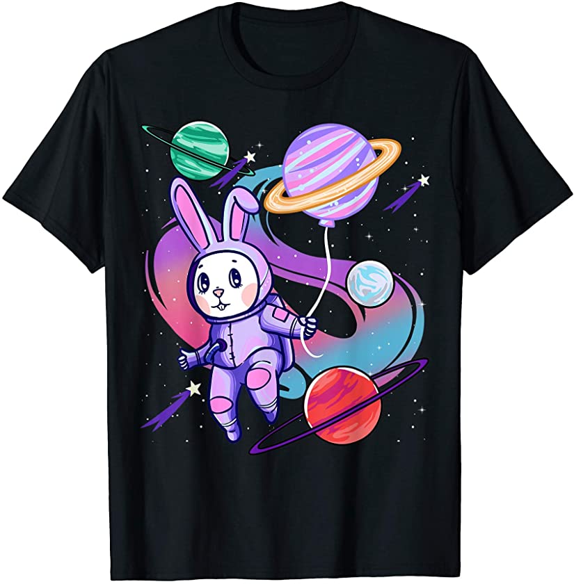 Astronaut Bunny Rabbit Holding Balloon Planets Kids Space T-Shirt