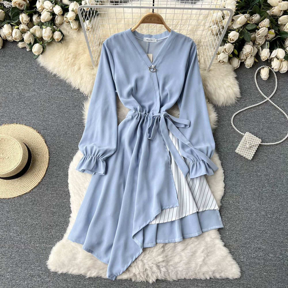 XFPV 2022 New Spring Summer Fashion Korean V-Neck Long Sleeve Lace Up Waist Thin Stripe Irregular A-line Dress Women’s SM1433 alx